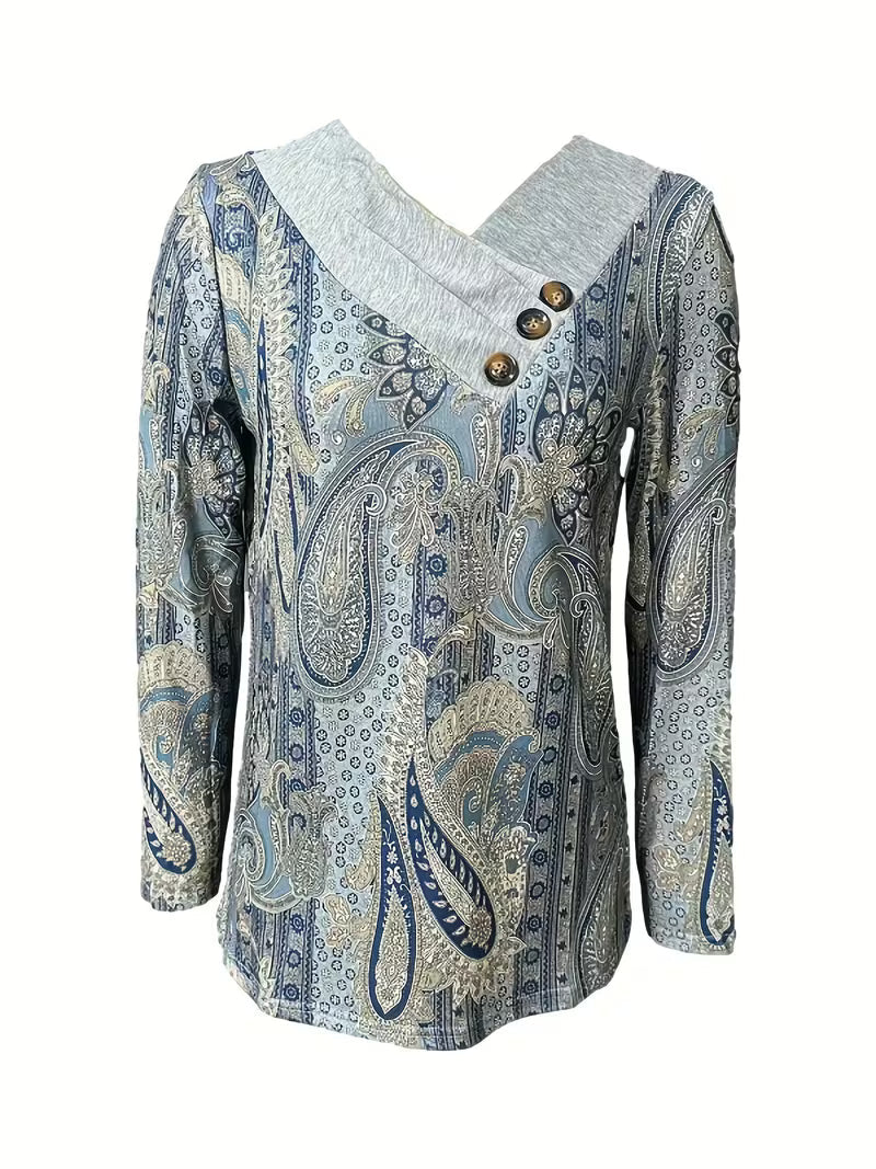 Top donna con stampa paisley e scollo drappeggiato