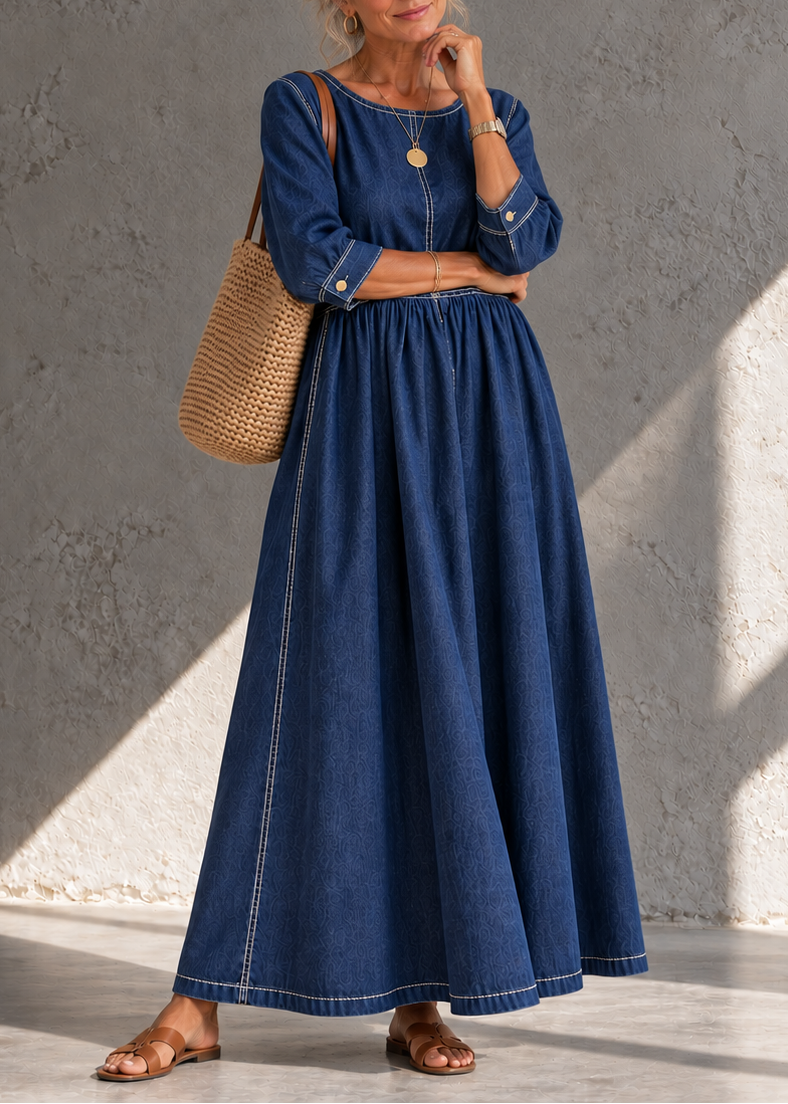 Abito lungo donna effetto denim con cuciture a contrasto e tasche