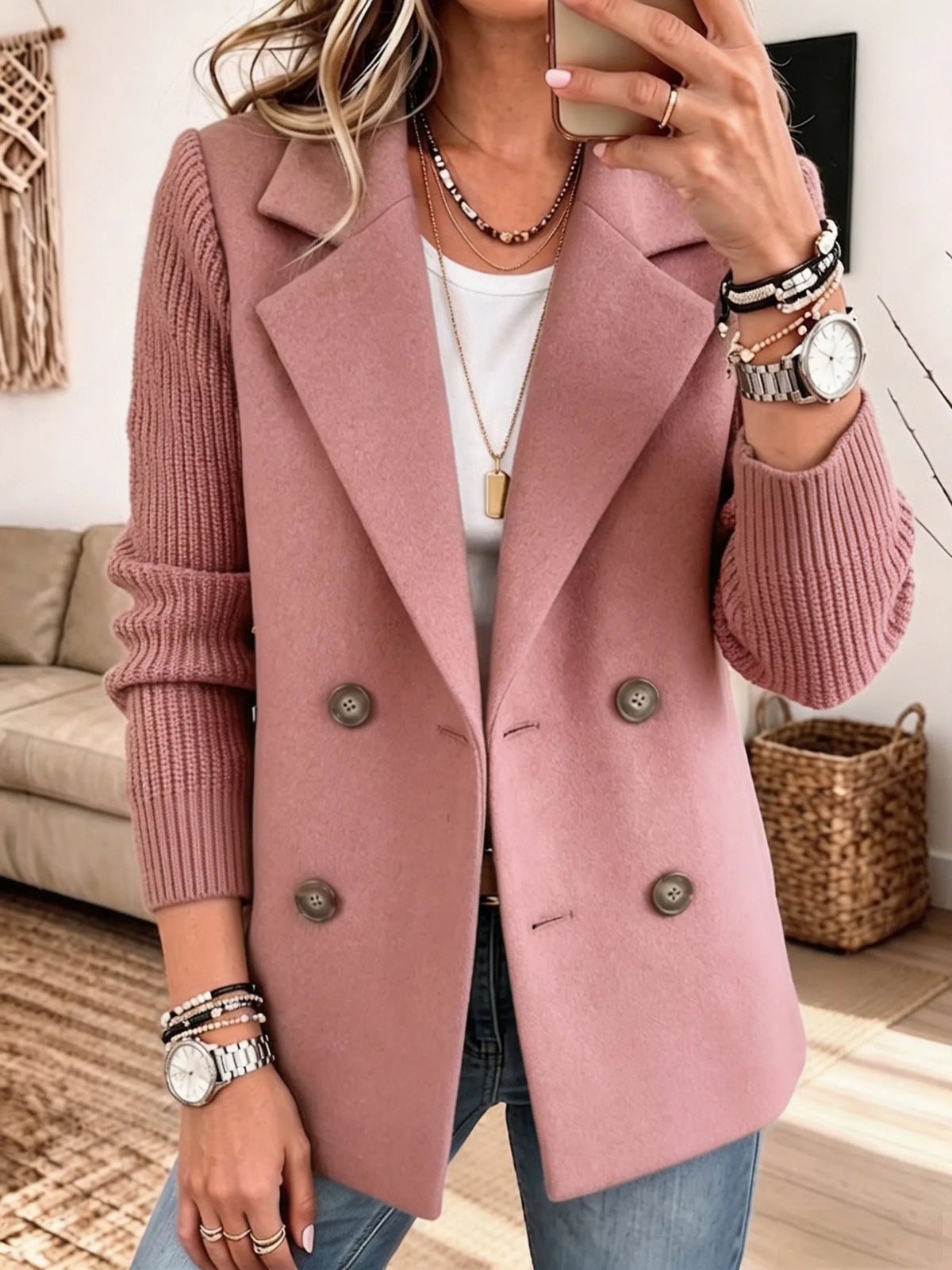 Giacca donna elegante con maniche in maglia a coste e bottoni