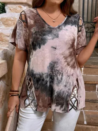 Blusa donna con stampa tie-dye e dettagli intrecciati