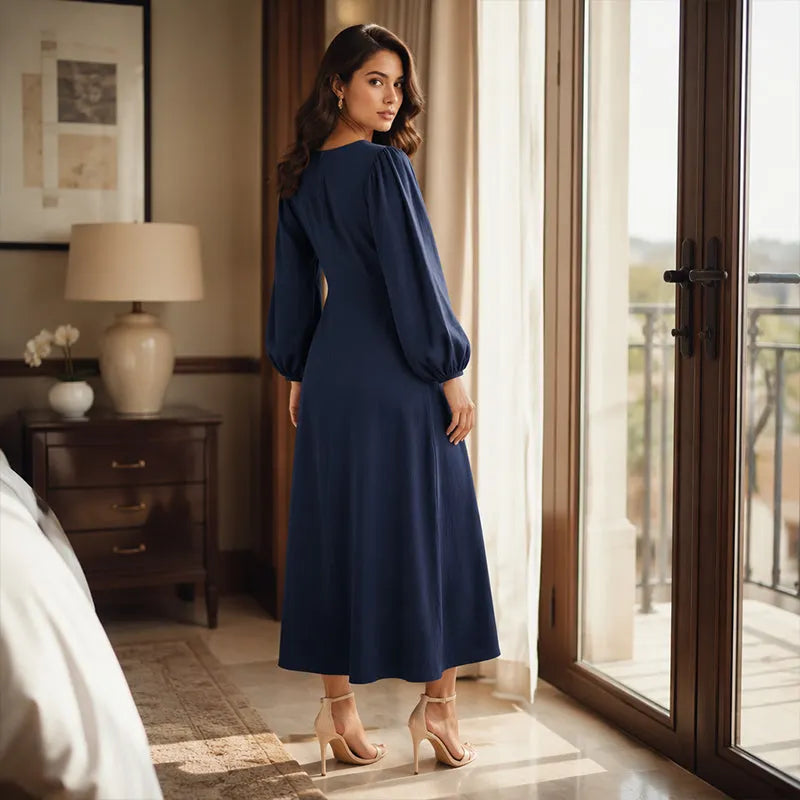 Abito maxi donna con scollo a V e maniche a sbuffo