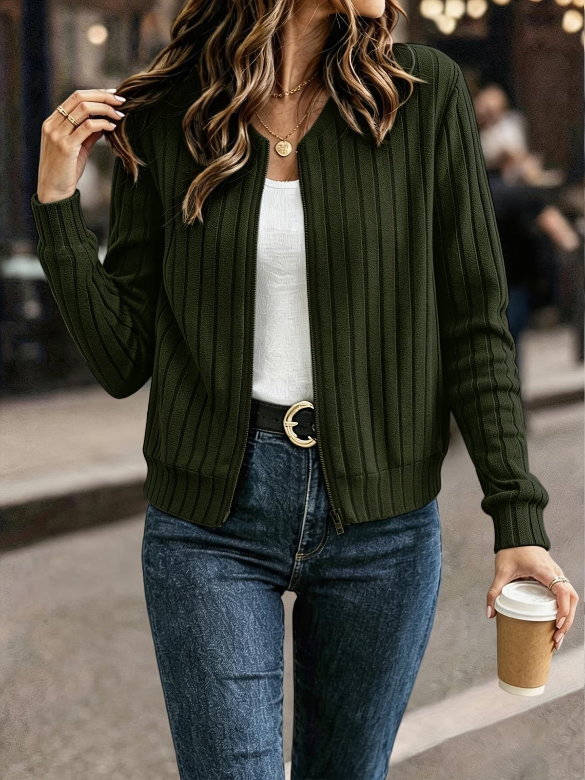 Cardigan donna a coste con zip frontale e maniche lunghe