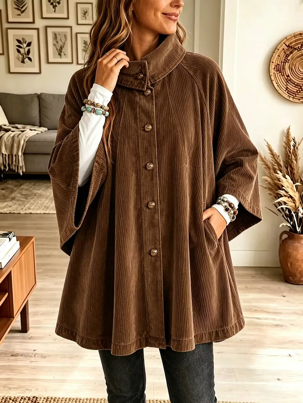 Cappotto a mantella donna oversize in velluto a coste