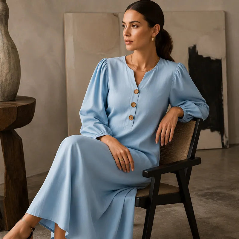 Abito maxi donna con scollo a V e maniche a sbuffo