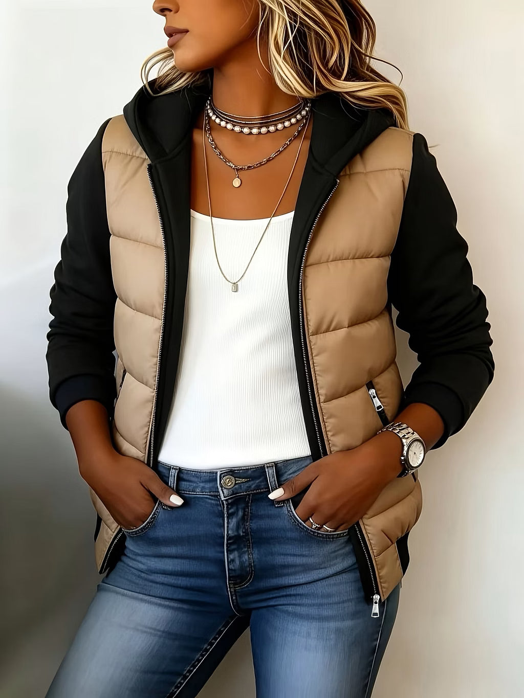 Giacca trapuntata donna bicolore con cappuccio e zip