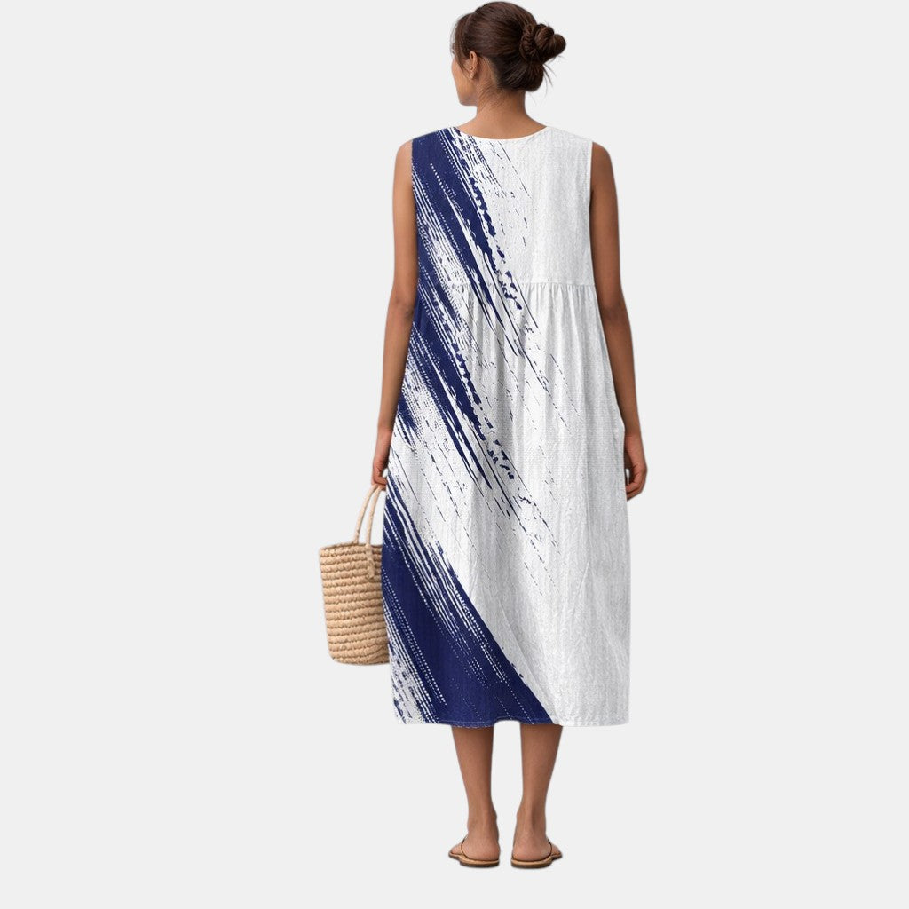 Abito midi donna in cotone viscosa con stampa astratta blu