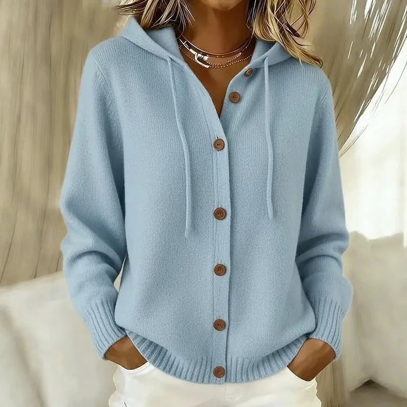 Cardigan donna con cappuccio in maglia morbida e bottoni