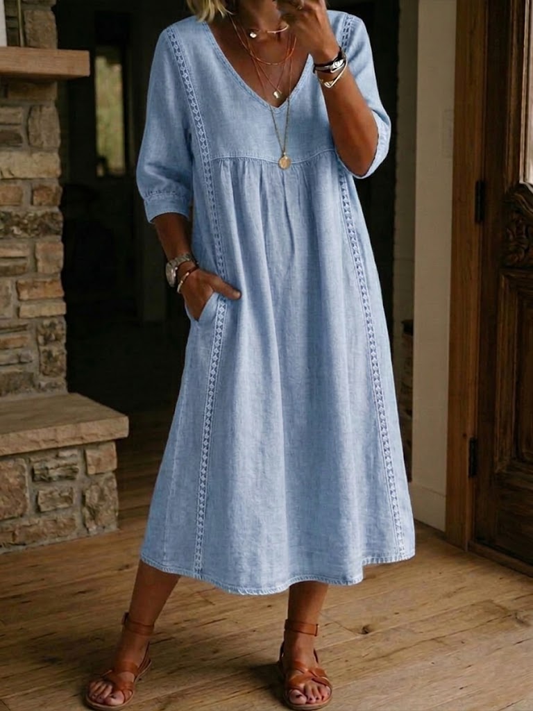 Abito midi donna in cotone lino con pizzo e tasche
