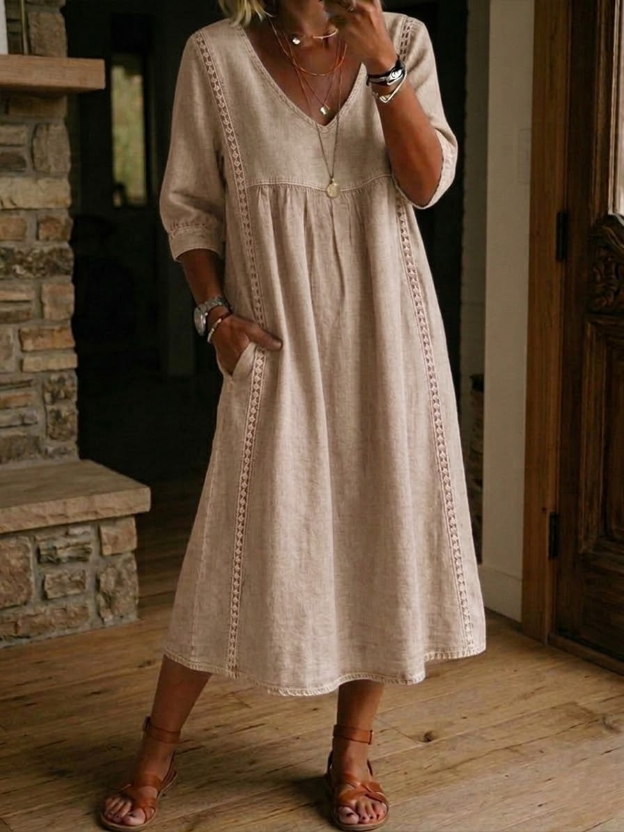 Abito midi donna in cotone lino con pizzo e tasche
