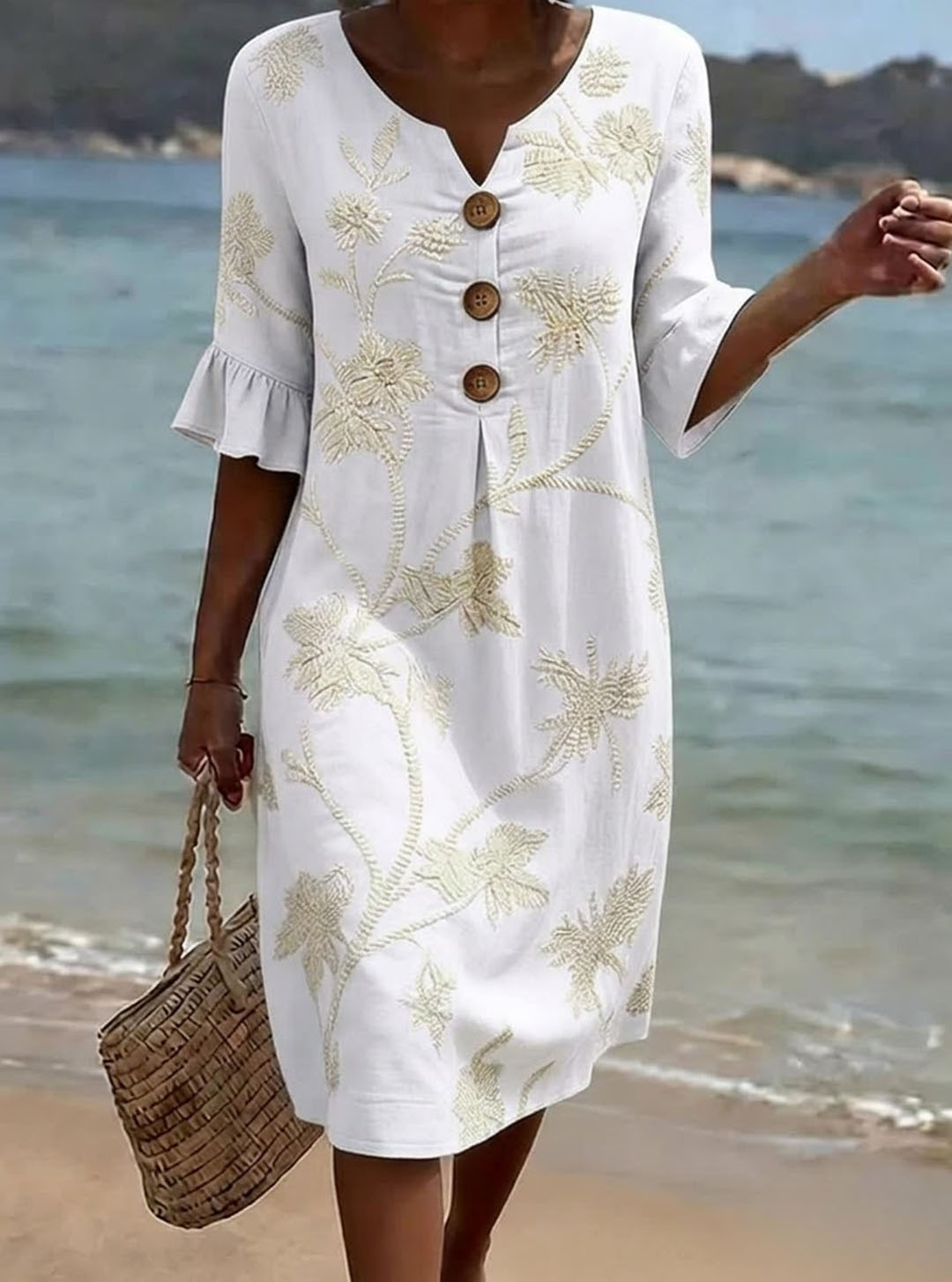 Abito donna in cotone floreale con maniche 3/4