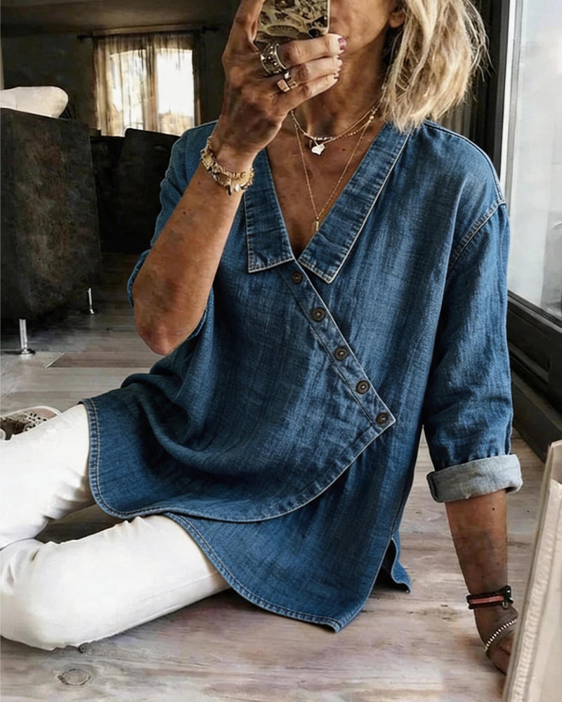 Blusa donna effetto denim con bottoni diagonali