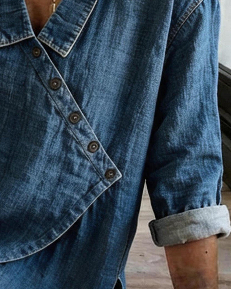 Blusa donna effetto denim con bottoni diagonali