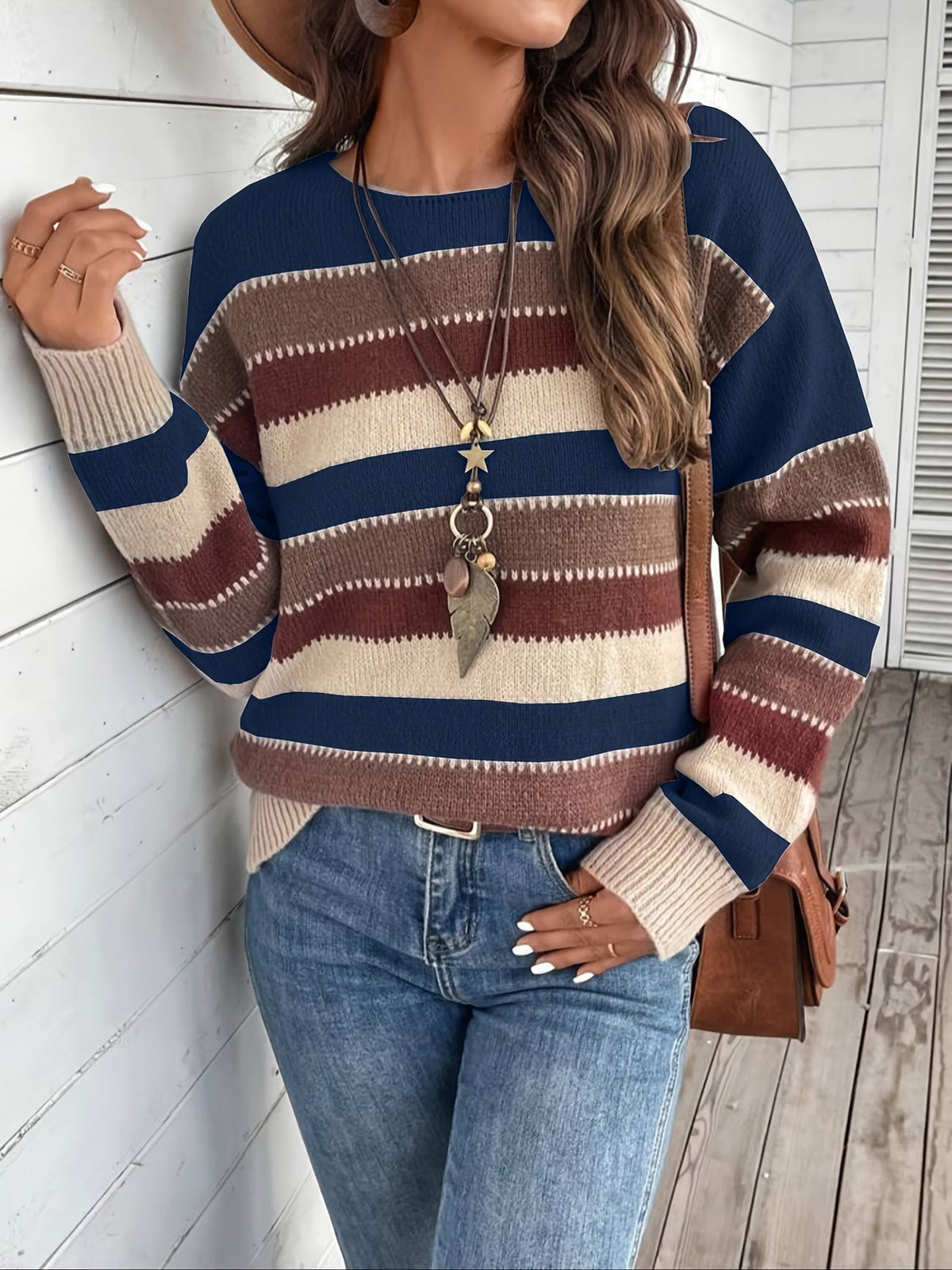 Maglione donna a righe colorblock con girocollo e maniche lunghe