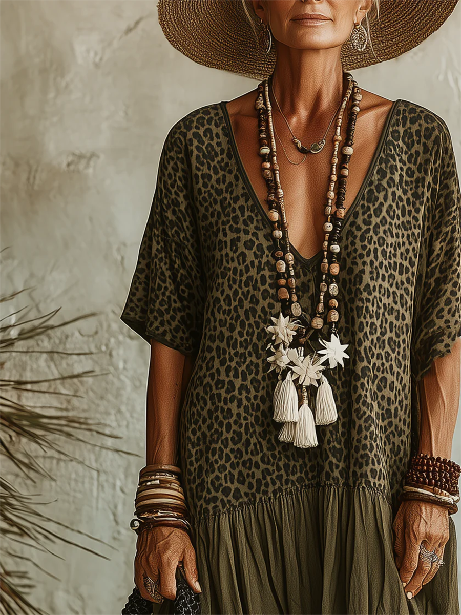 Abito midi da donna boho con stampa leopardata