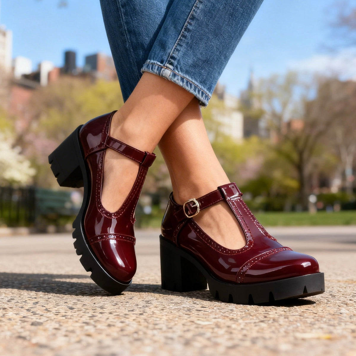 Scarpe Mary Jane donna lucide con tacco a blocco e cinturino a T