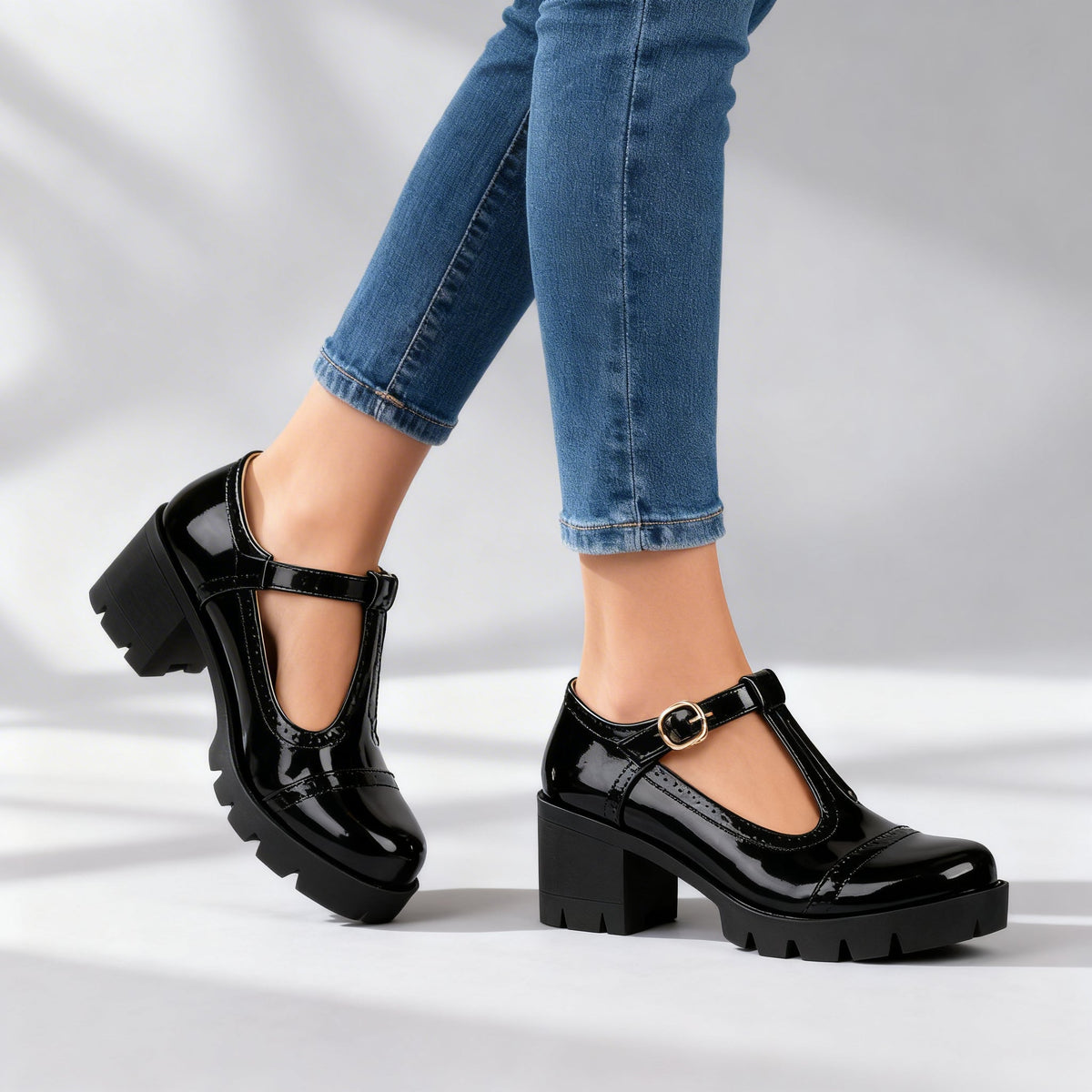 Scarpe Mary Jane donna lucide con tacco a blocco e cinturino a T