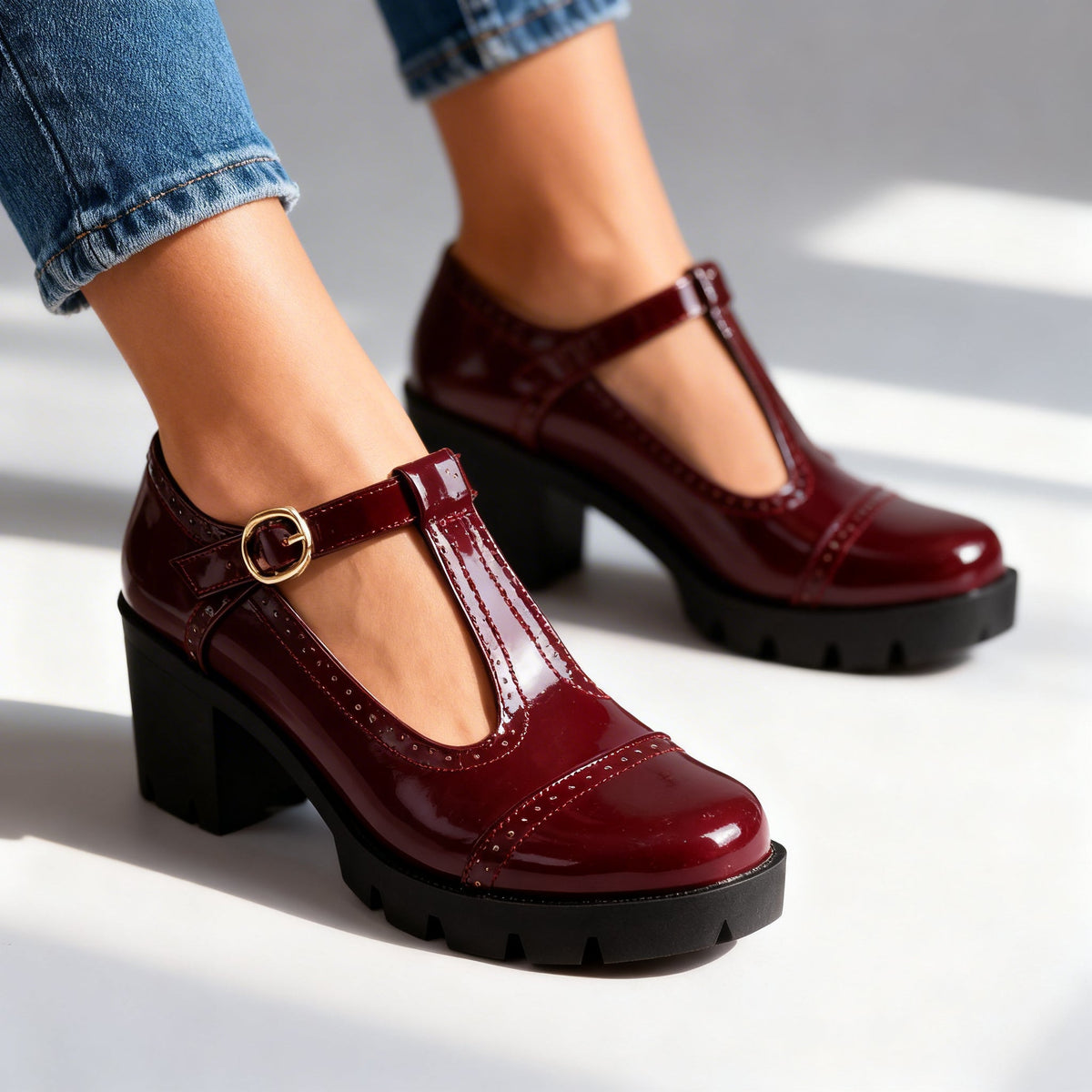 Scarpe Mary Jane donna lucide con tacco a blocco e cinturino a T