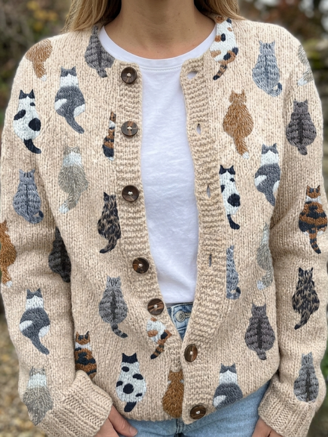 Cardigan donna in maglia con motivo felino e bottoni