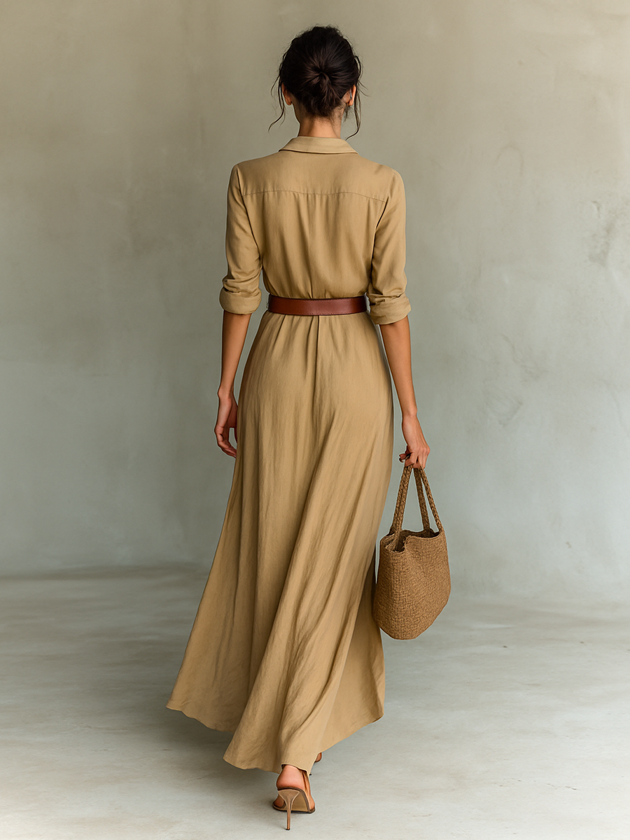 Abito maxi donna stile camicia con cintura in vit