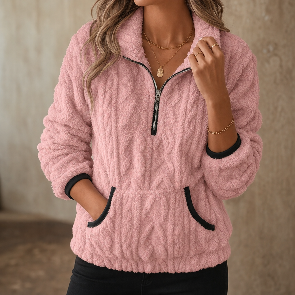 Felpa donna in pile con mezza zip e tasca a marsupio