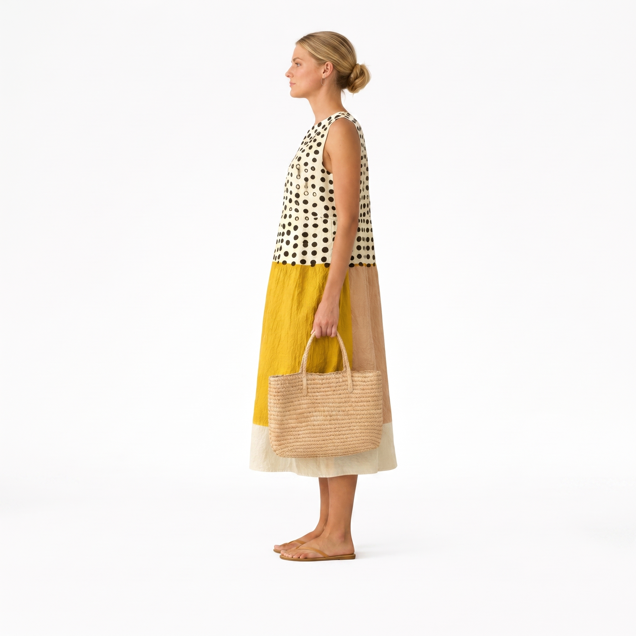 Abito midi donna in cotone viscosa a pois color block