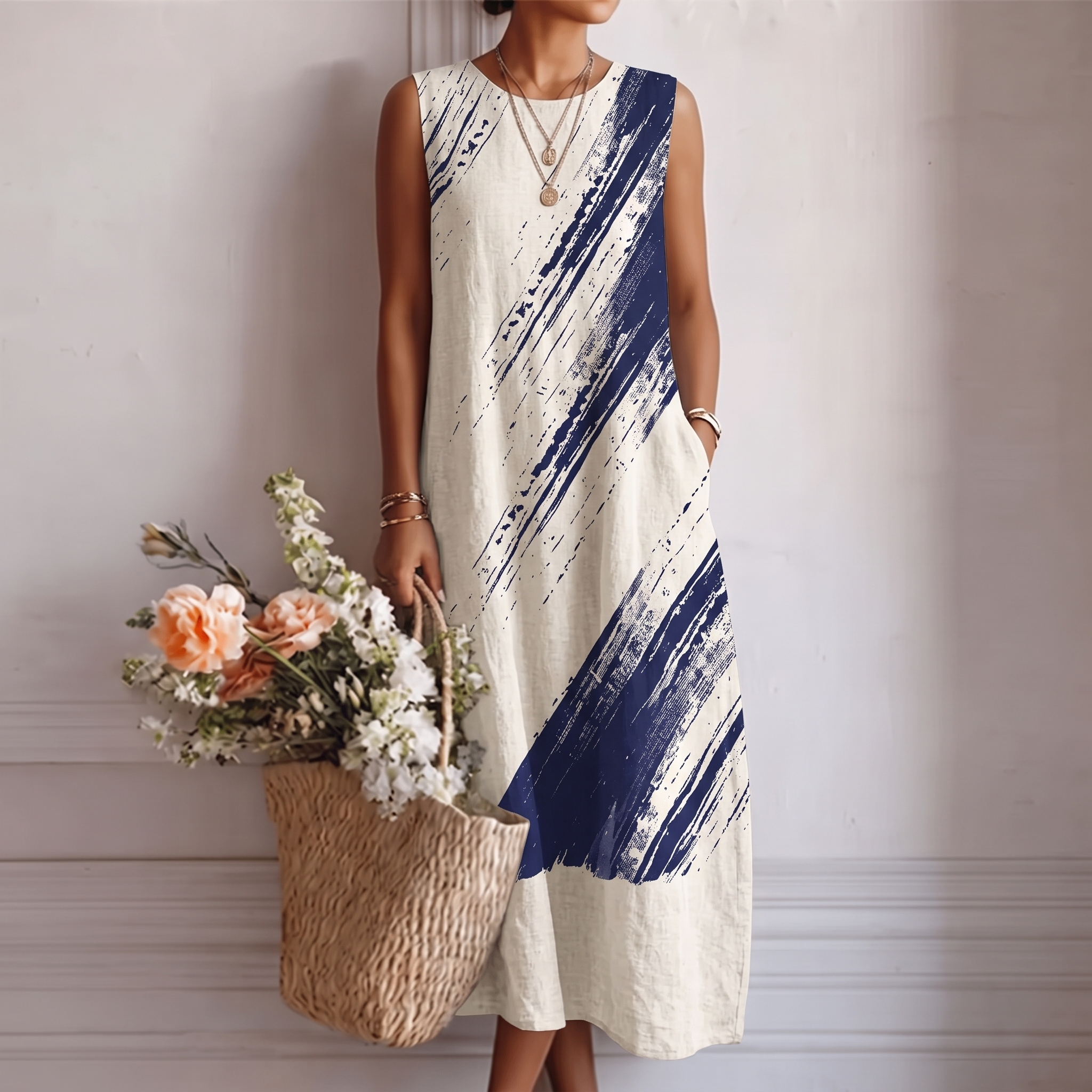 Abito midi donna in cotone viscosa con stampa astratta blu