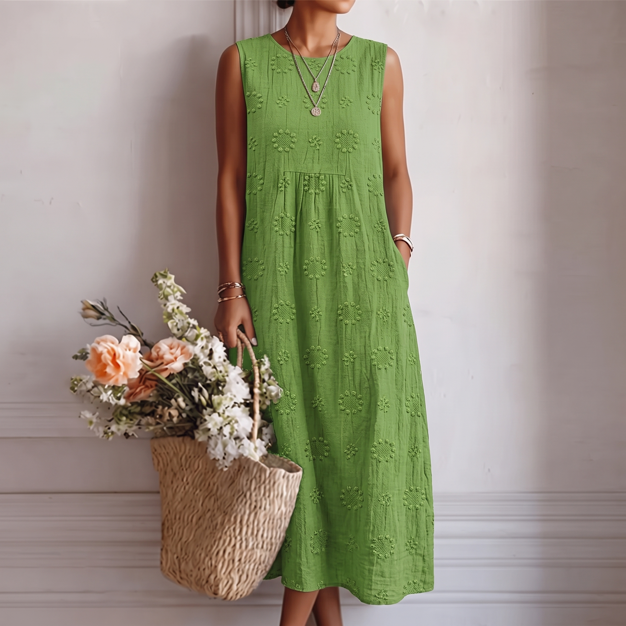 Abito midi smanicato donna con ricamo tono su tono