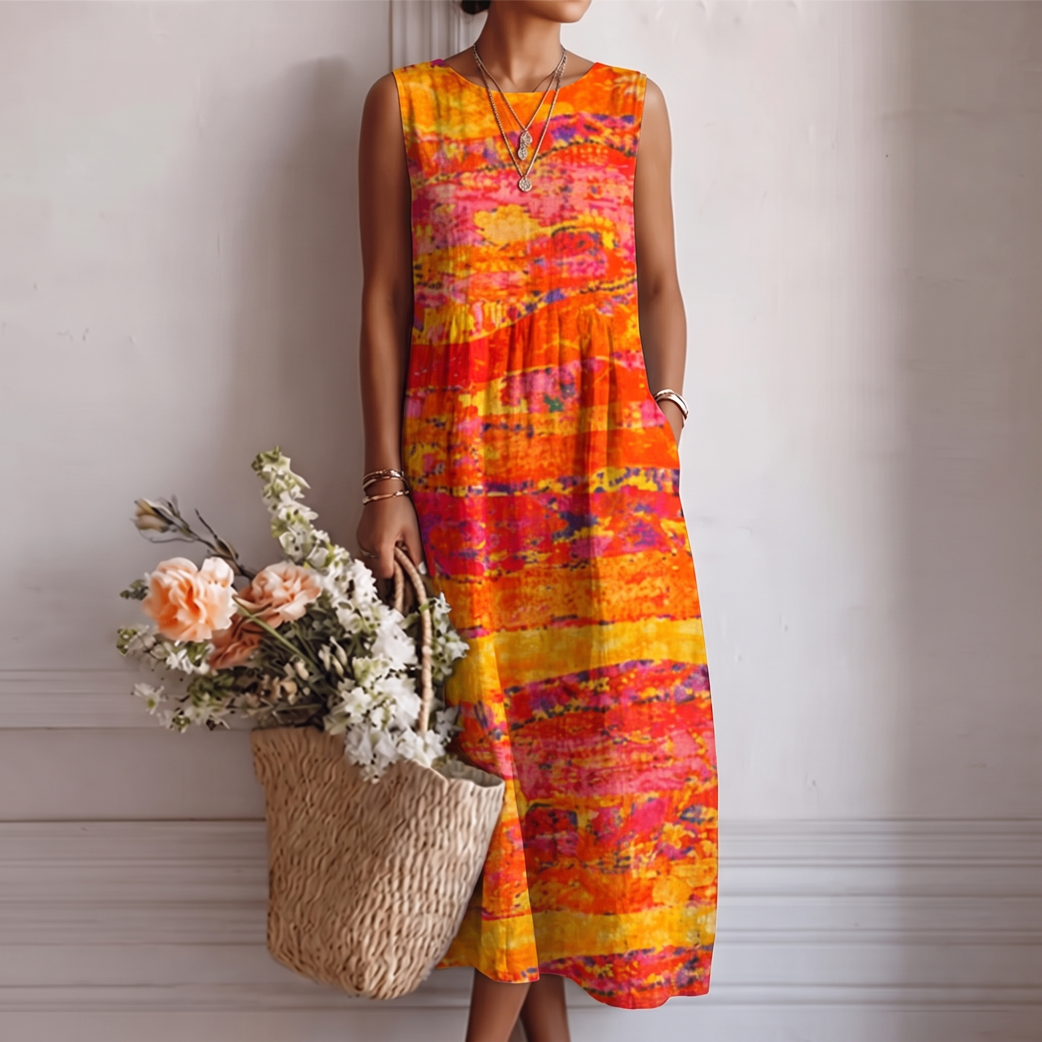 Abito midi smanicato donna con stampa astratta solare