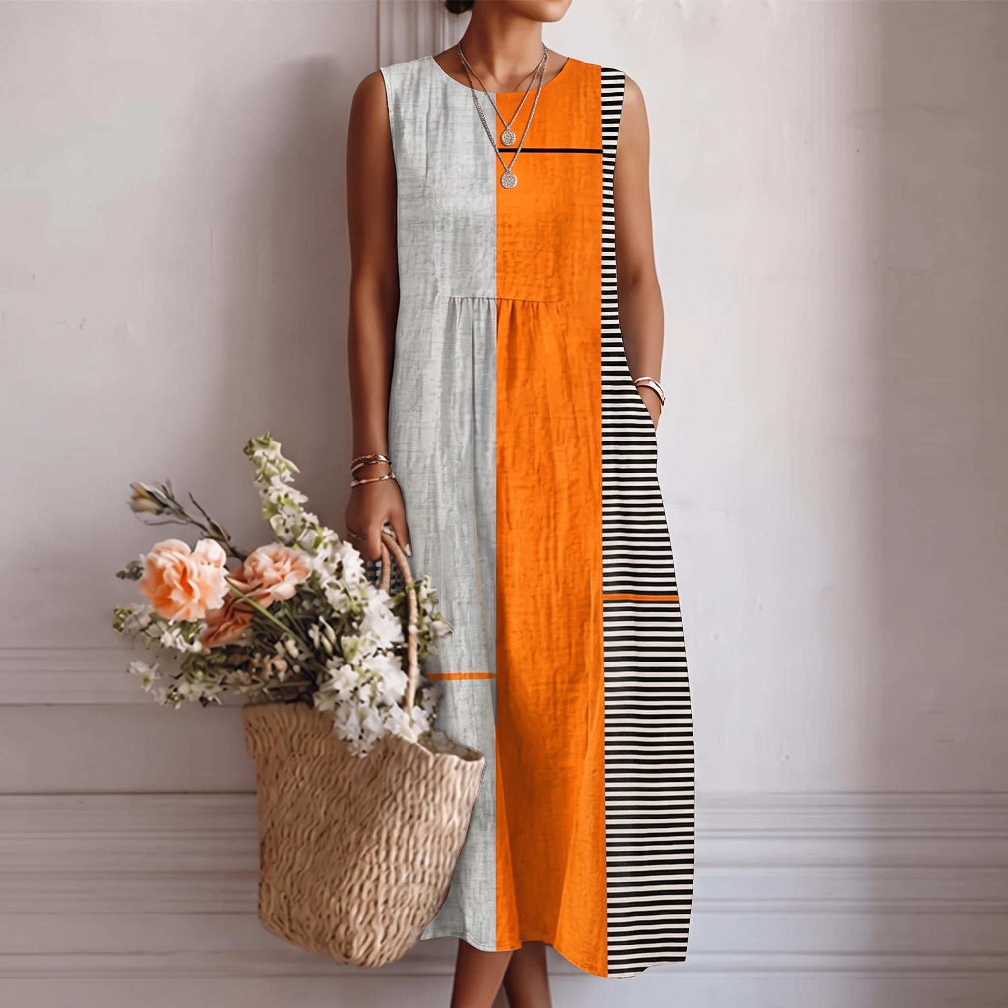 Abito midi donna color block con pannello a righe