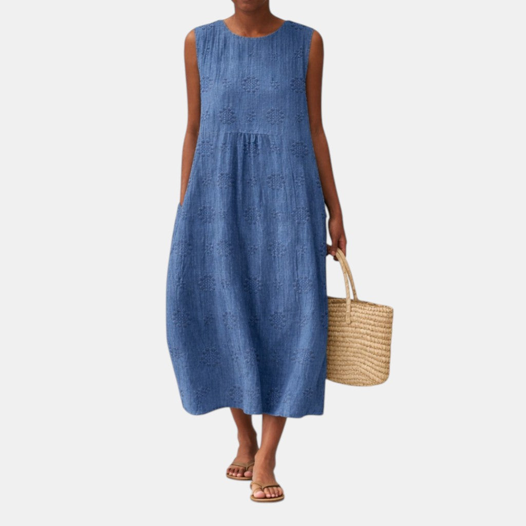 Abito midi donna in cotone viscosa con ricamo traforato