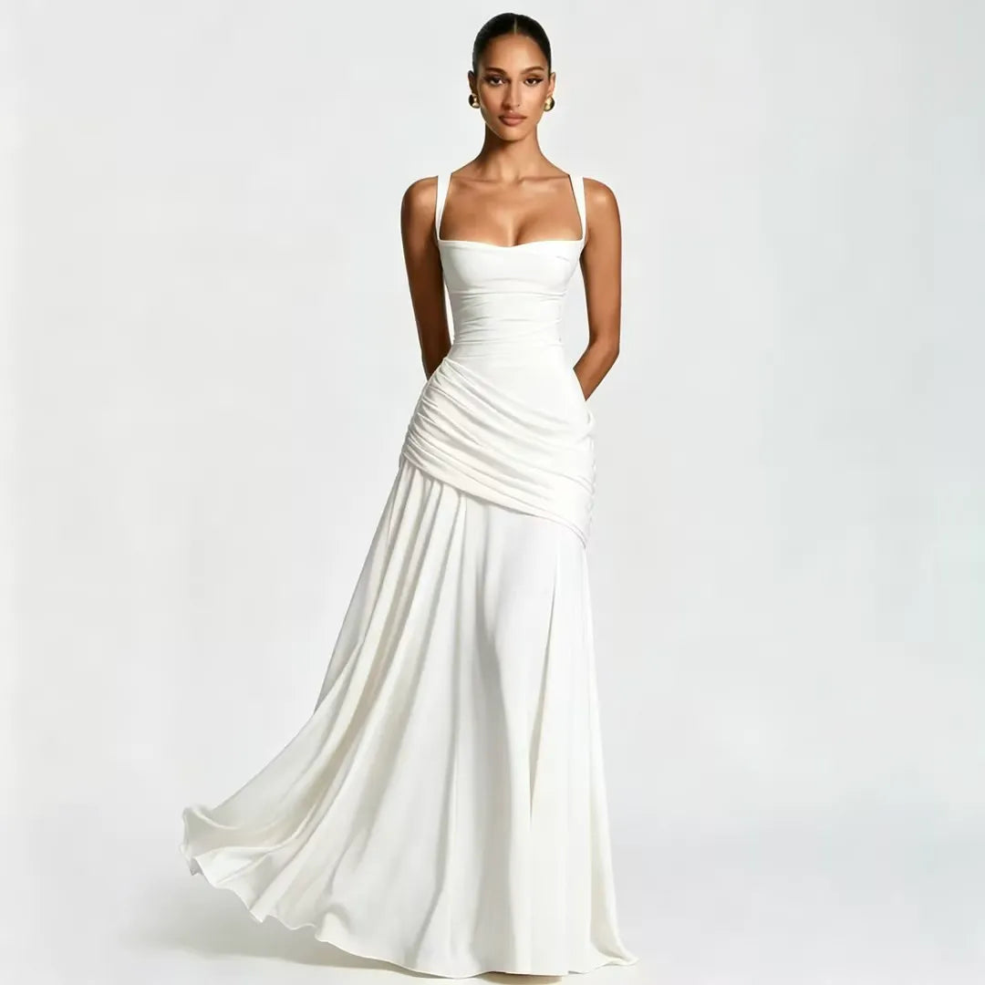 Abito maxi donna elegante con scollo quadrato e drappeggio