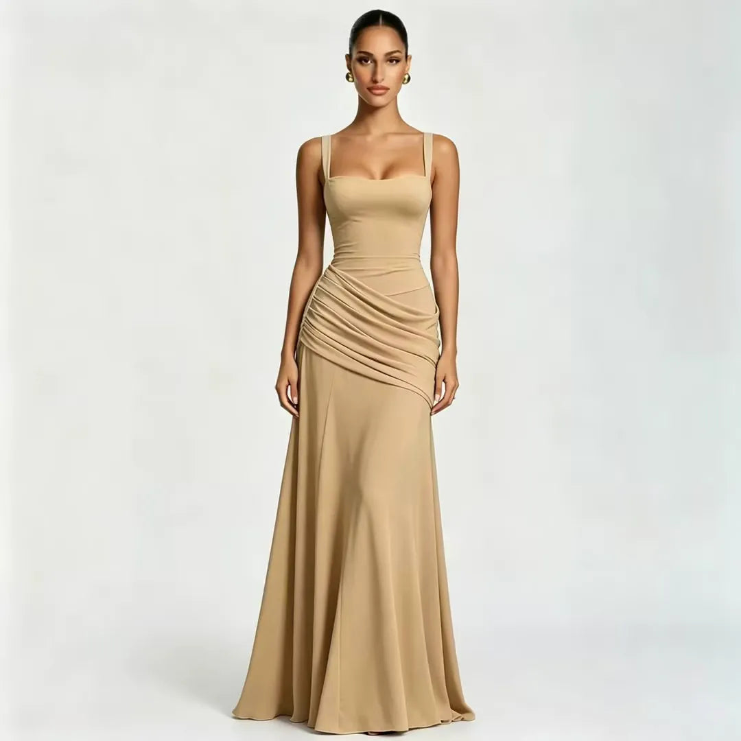 Abito maxi donna elegante con scollo quadrato e drappeggio