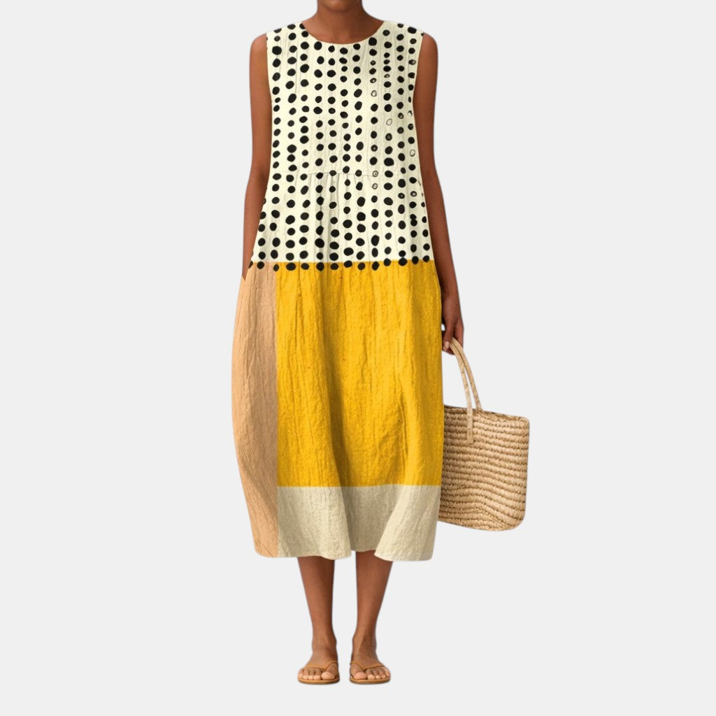 Abito midi donna in cotone viscosa a pois color block