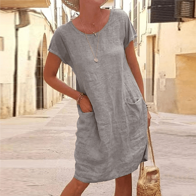 Abito midi da donna in lino con tasche frontali