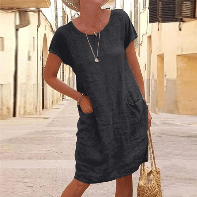 Abito midi da donna in lino con tasche frontali