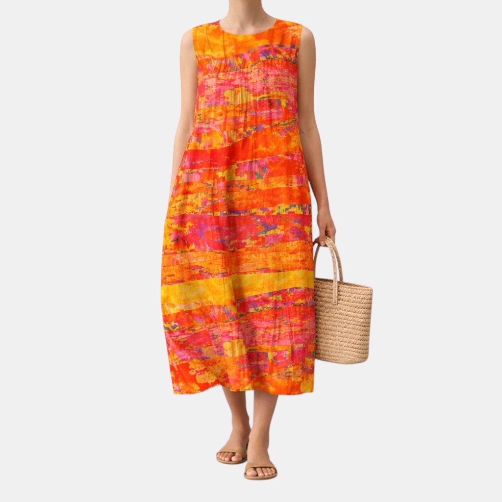 Abito midi smanicato donna con stampa astratta solare