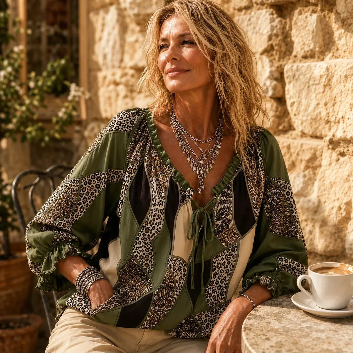 Blusa donna patchwork con scollo a V e dettagli volant