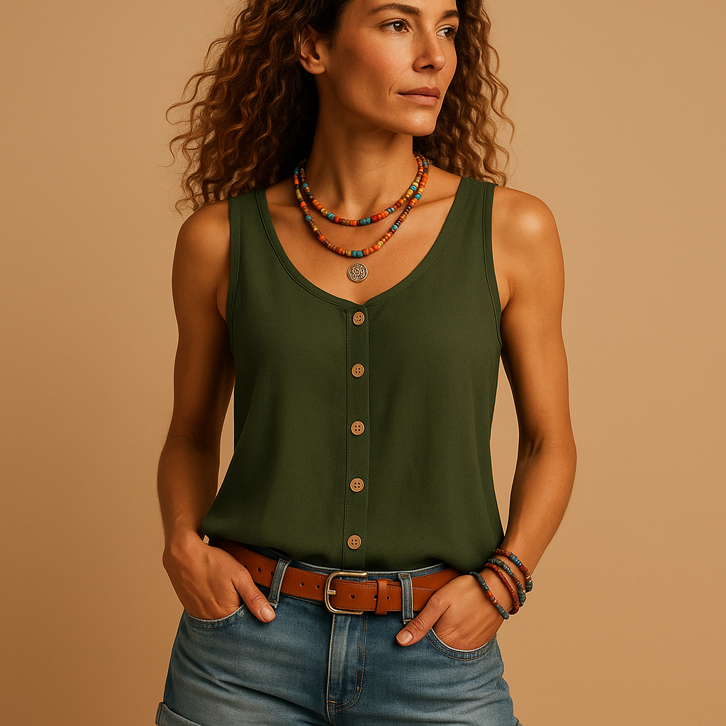 Top da donna in lino cotone con bottoni frontali