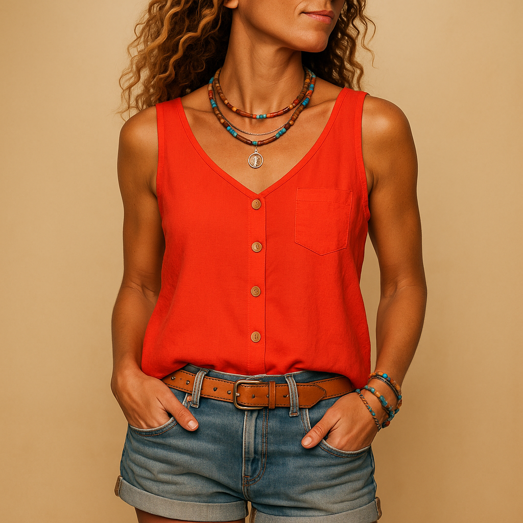 Top da donna in lino cotone con bottoni frontali