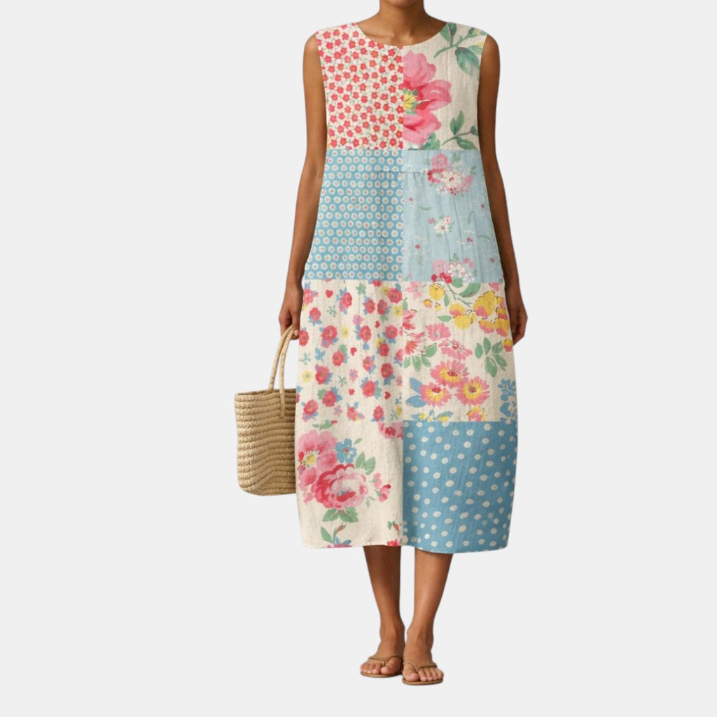 Abito midi donna patchwork floreale in cotone viscosa