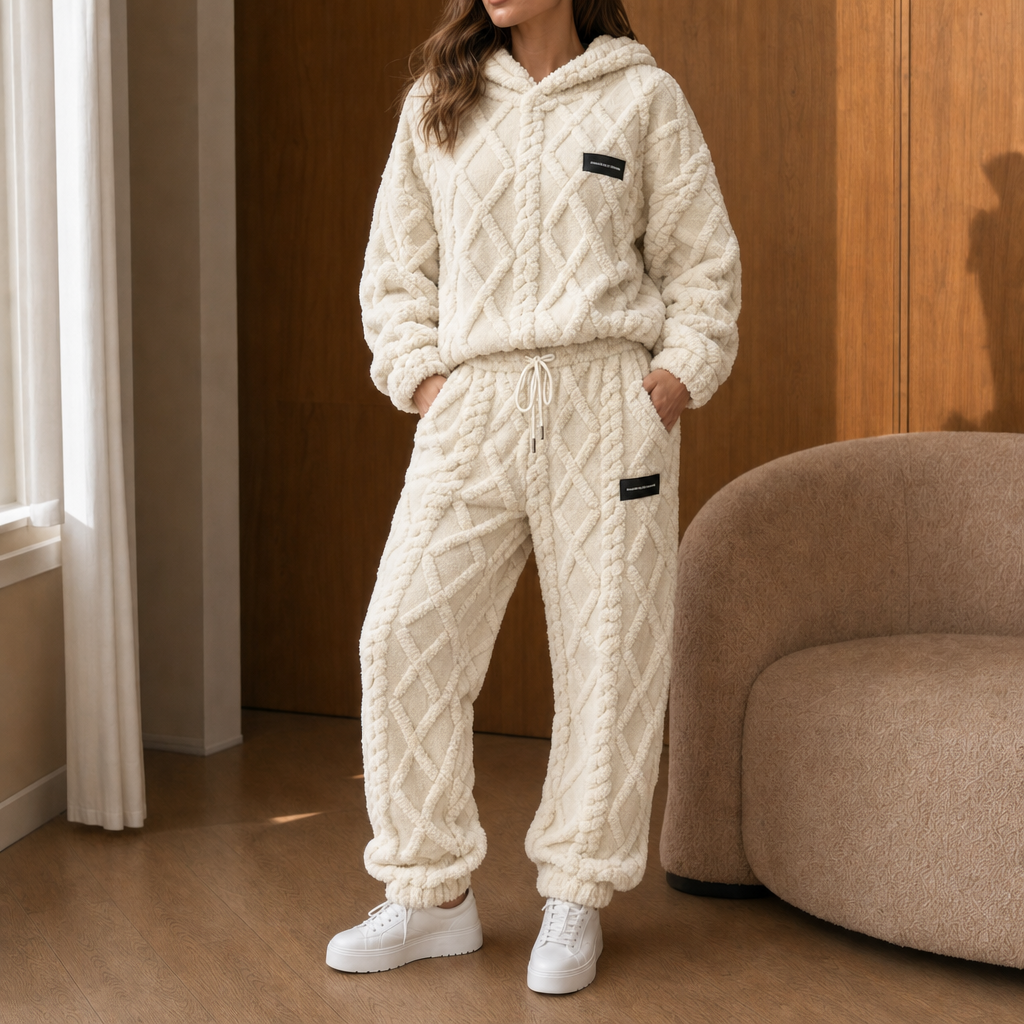 Completo cocooning da donna in pile con felpa con cappuccio e pantaloni