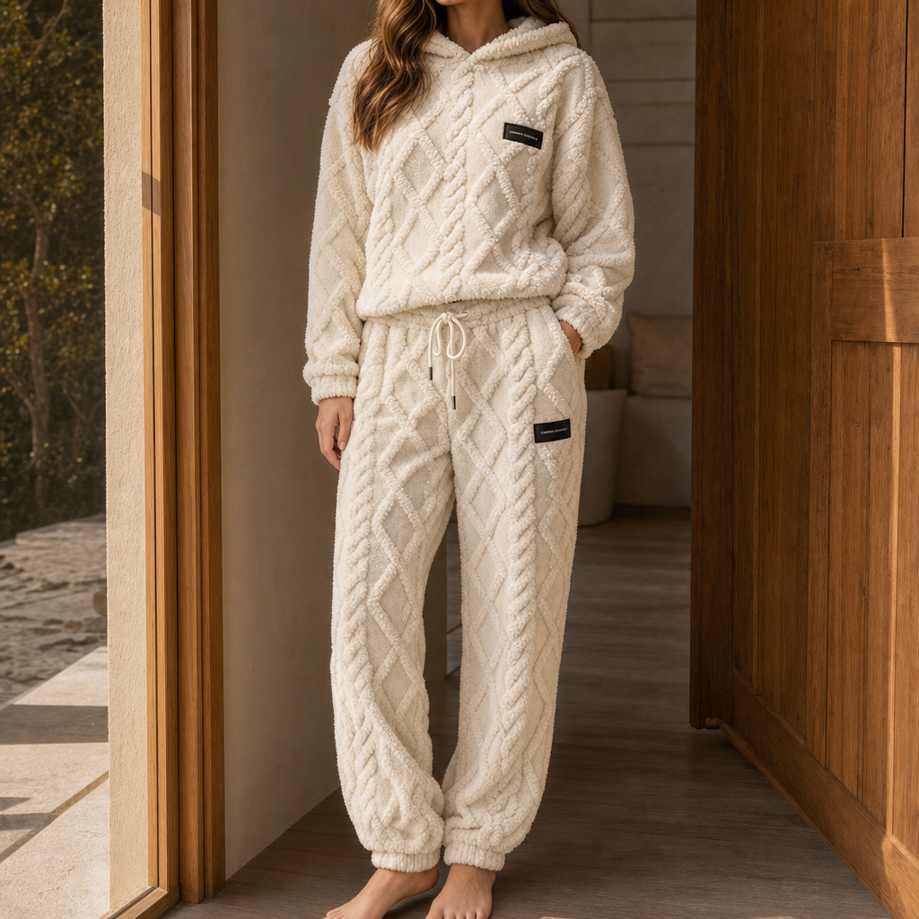 Completo cocooning da donna in pile con felpa con cappuccio e pantaloni