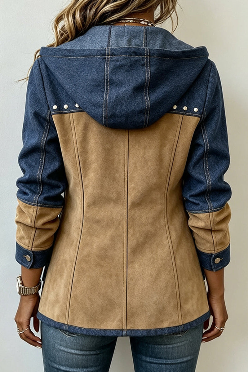 Giacca donna bicolore con cappuccio zip e tasche applicate