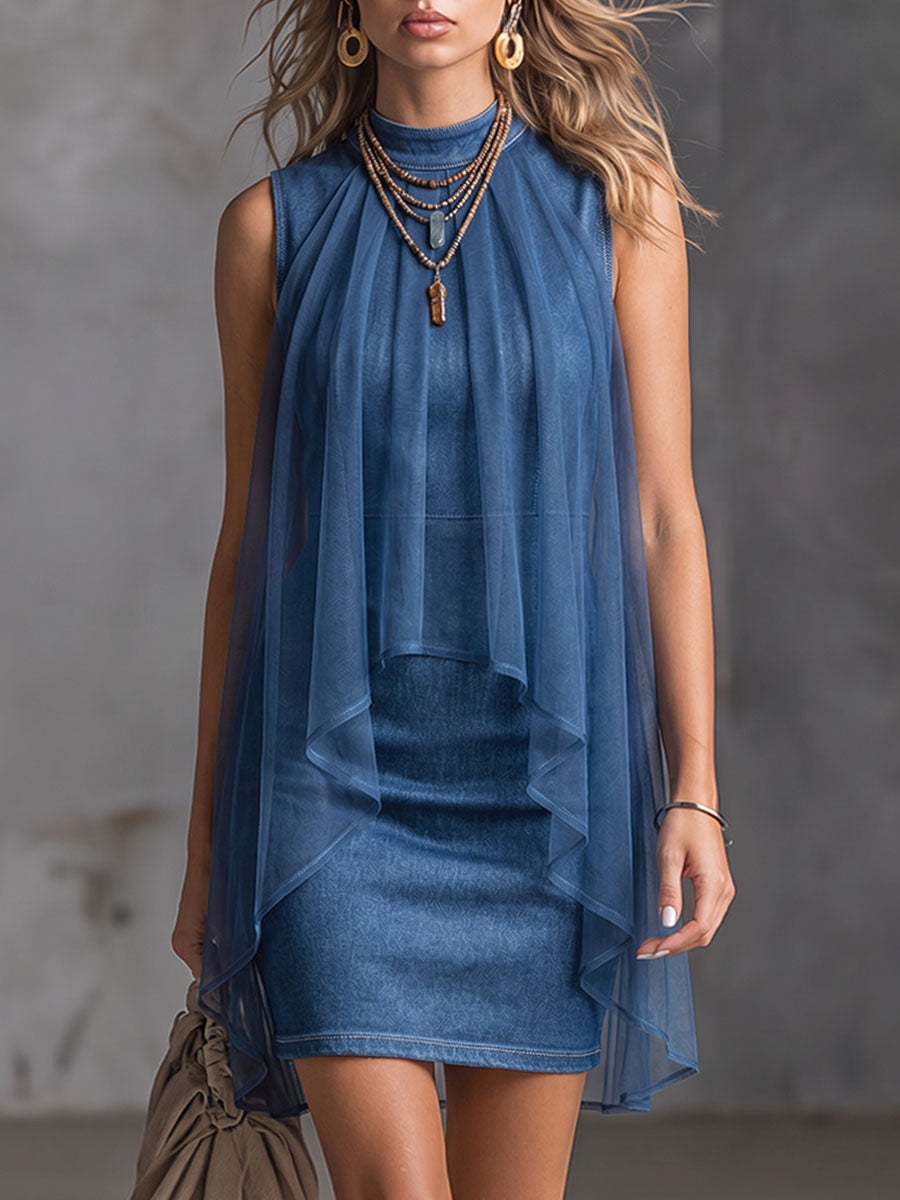 Abito da donna denim con chiffon senza maniche