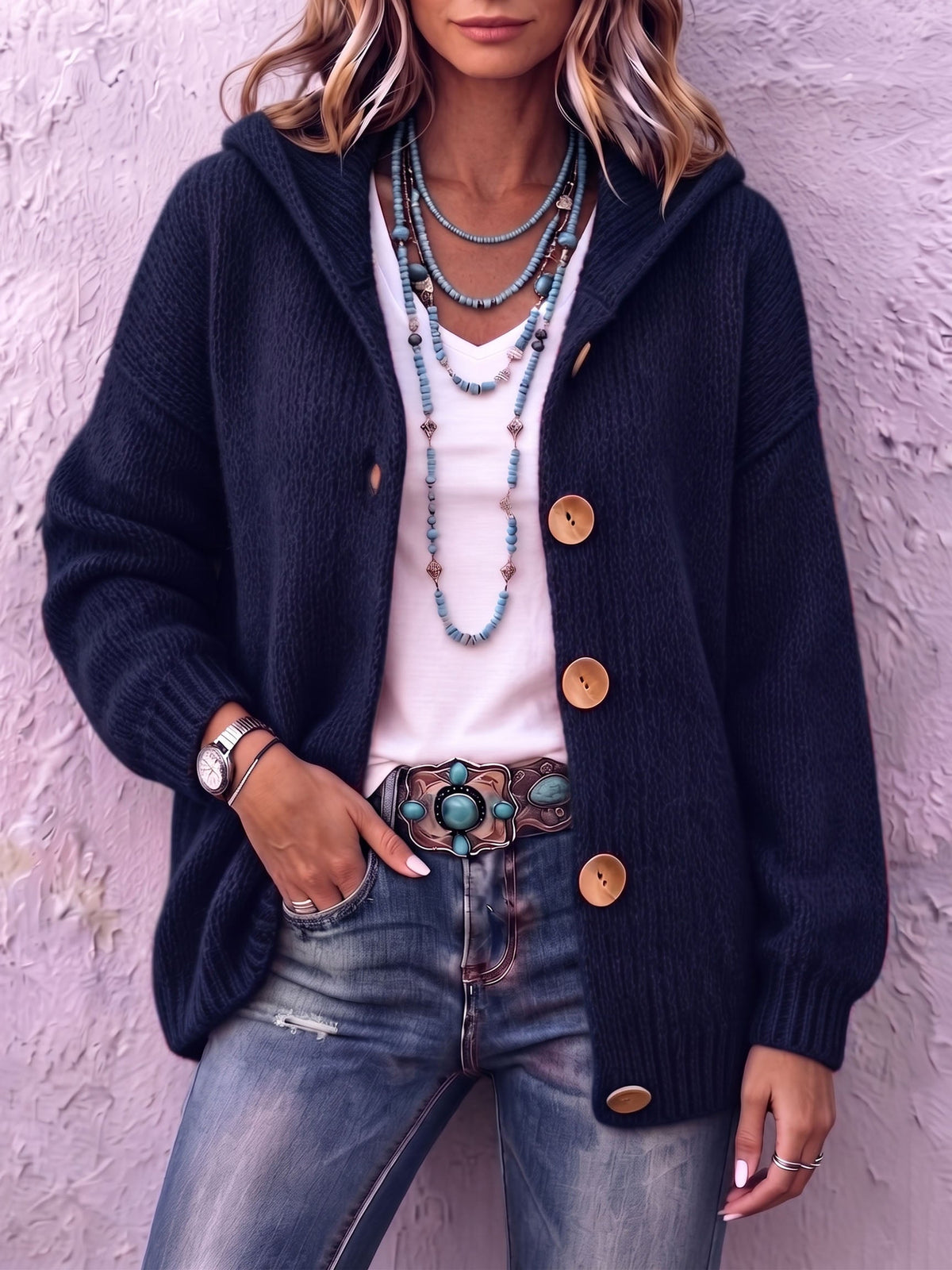 Cardigan donna in maglia con cappuccio e bottoni