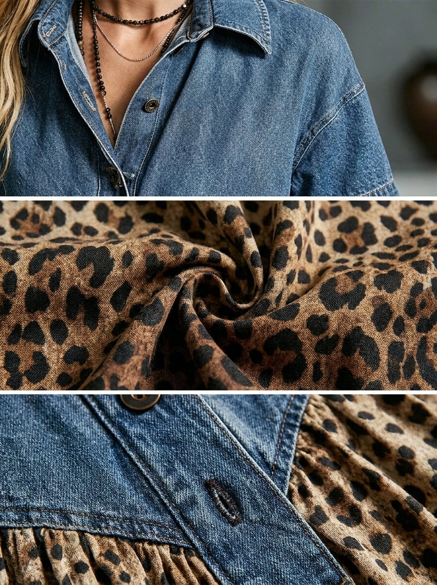 Abito donna patchwork denim con stampa leopardata