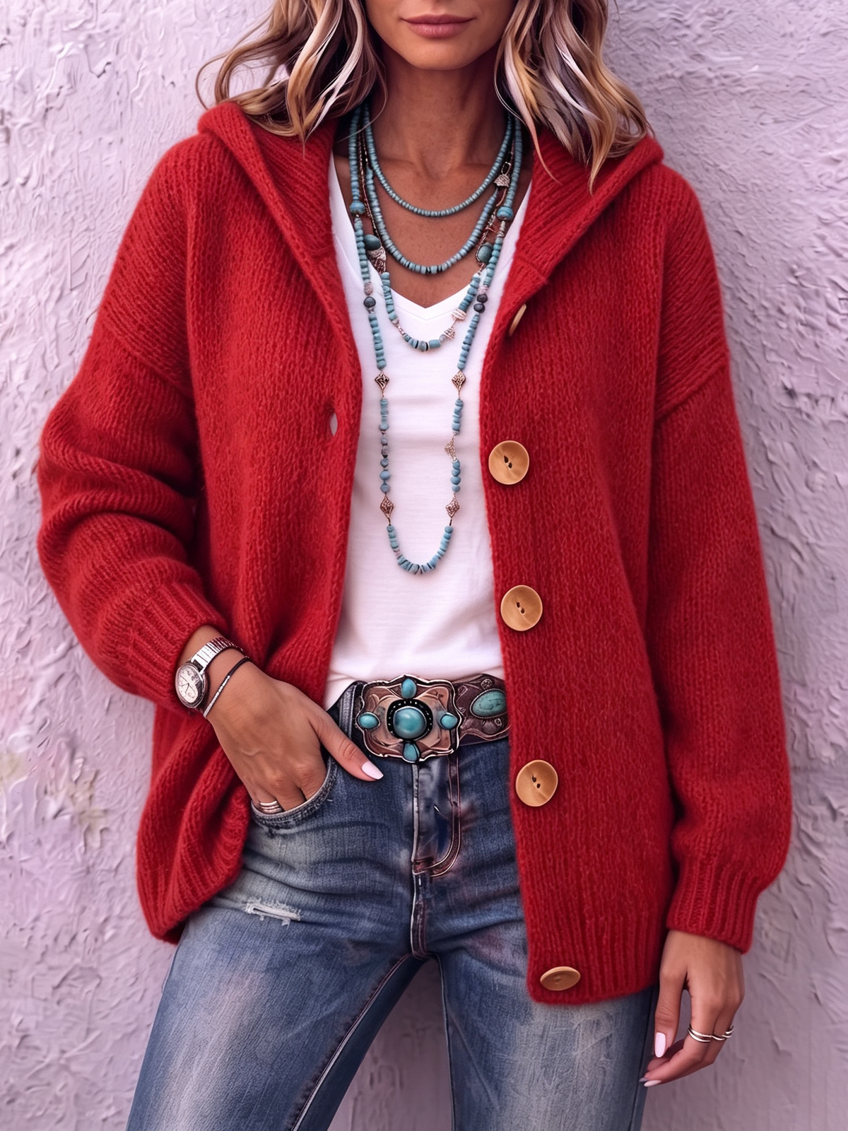 Cardigan donna in maglia con cappuccio e bottoni