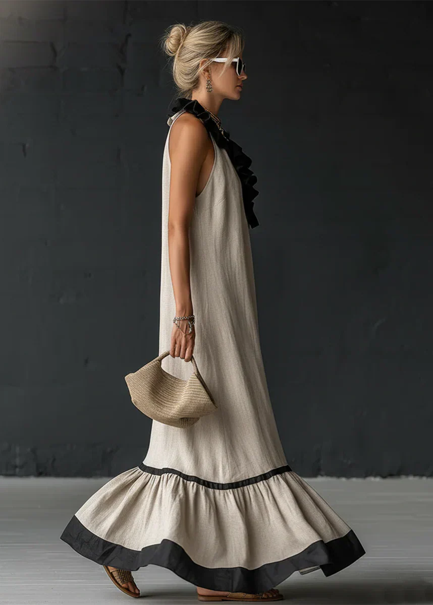 Abito lungo da donna fluido con volant a contrasto chic
