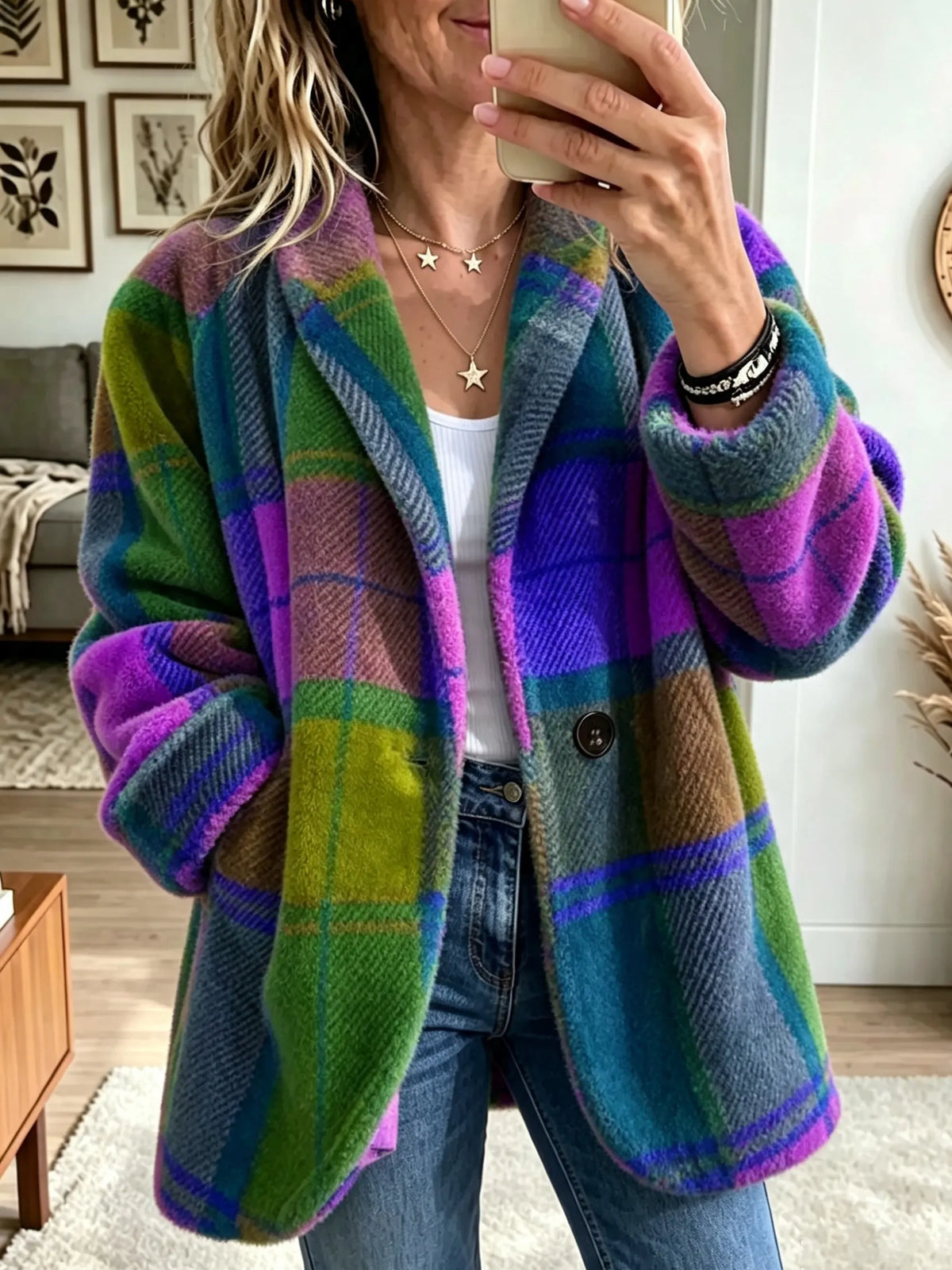 Cappotto donna a quadri con bottoni e texture morbida