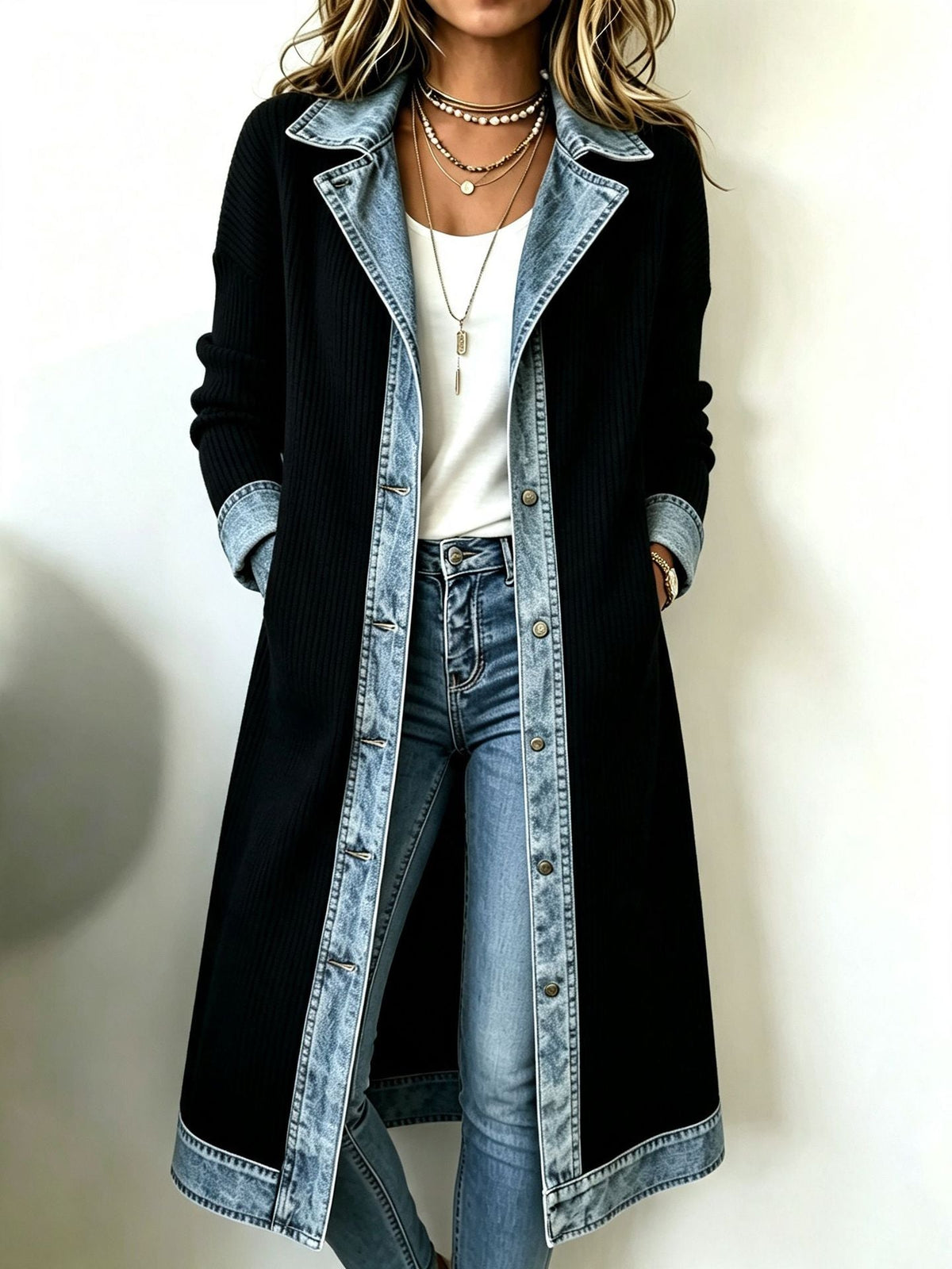Cardigan lungo donna in maglia a coste con dettagli effetto denim
